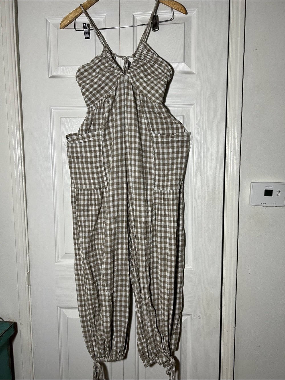Free People Sundaze For Surfing Jumpsuit Vintage Khaki Gingham Plaid - Picture 2 of 8